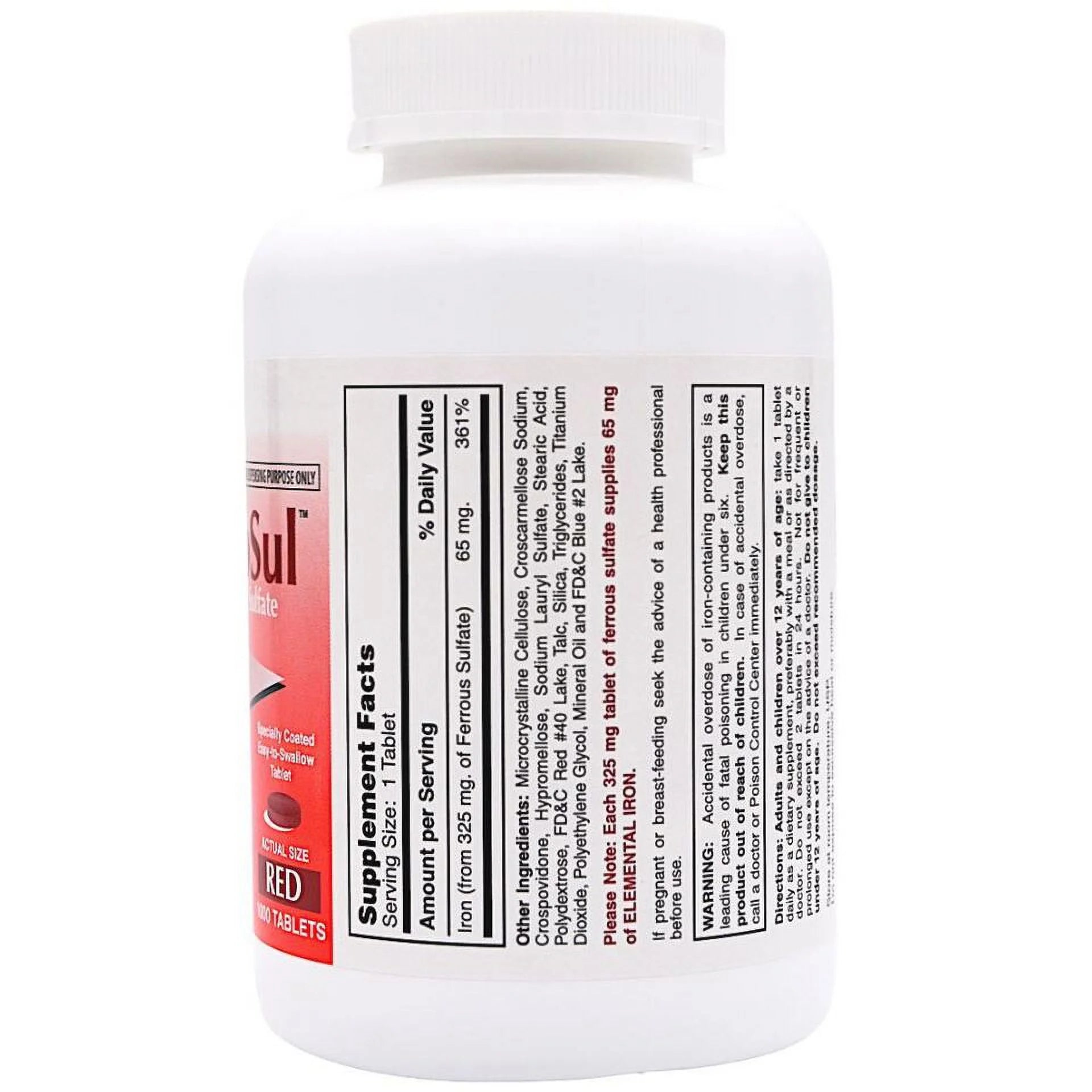 Ferrous Sulfate Iron Supplement 325 mg - 1000 Tablets P115918