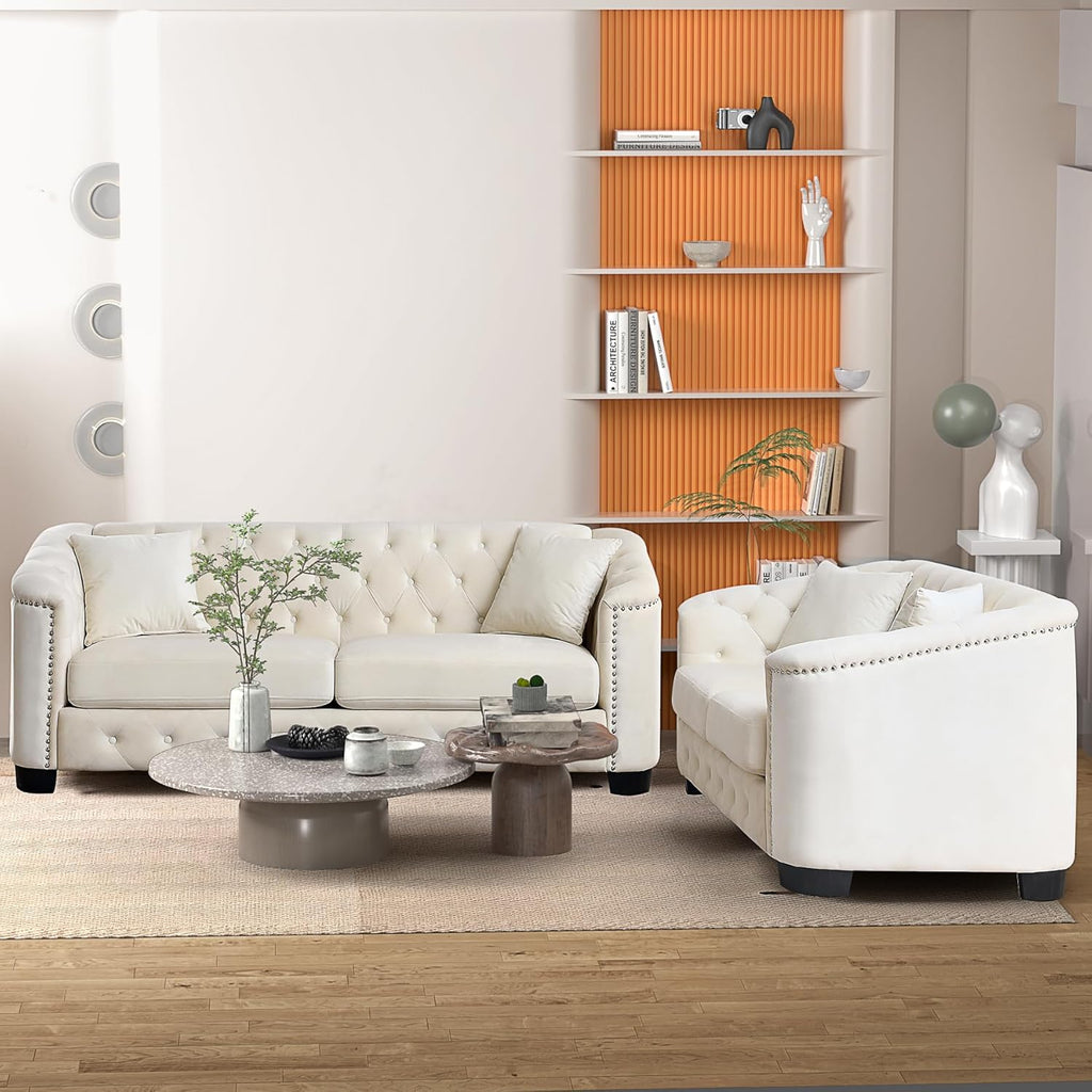 Beige Velvet 3-Seater Sofa with 2 Pillows S5464