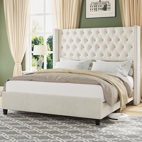 King Upholstered Bed Frame with Tall Headboard Wingback Platform Bed Tufted Deep Button Velvet Light Grey X1926