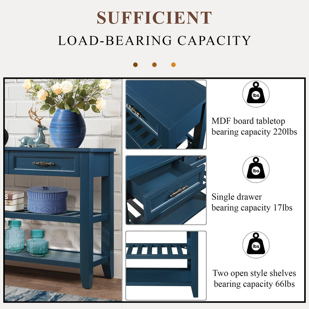 Navy Blue 42'' Solid Wood Console Sofa Table with 2 Drawers and 2 Shelves D790