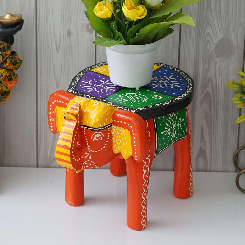 Handcrafted Emboss Painted Colorful Wooden Elephant Shape Stool Table Medium V780167