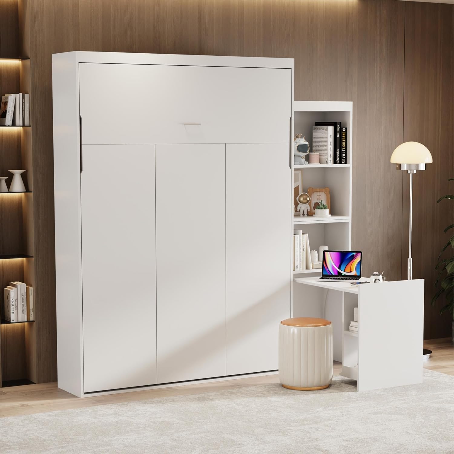 White Queen Size Vertical Murphy Bed with Desk and Drawers J502
