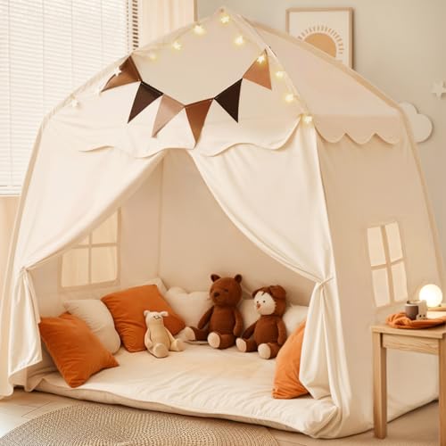 Cream Extra Large Kids Play Tent with Flags & Star Lights, 59x39x59 in H711292
