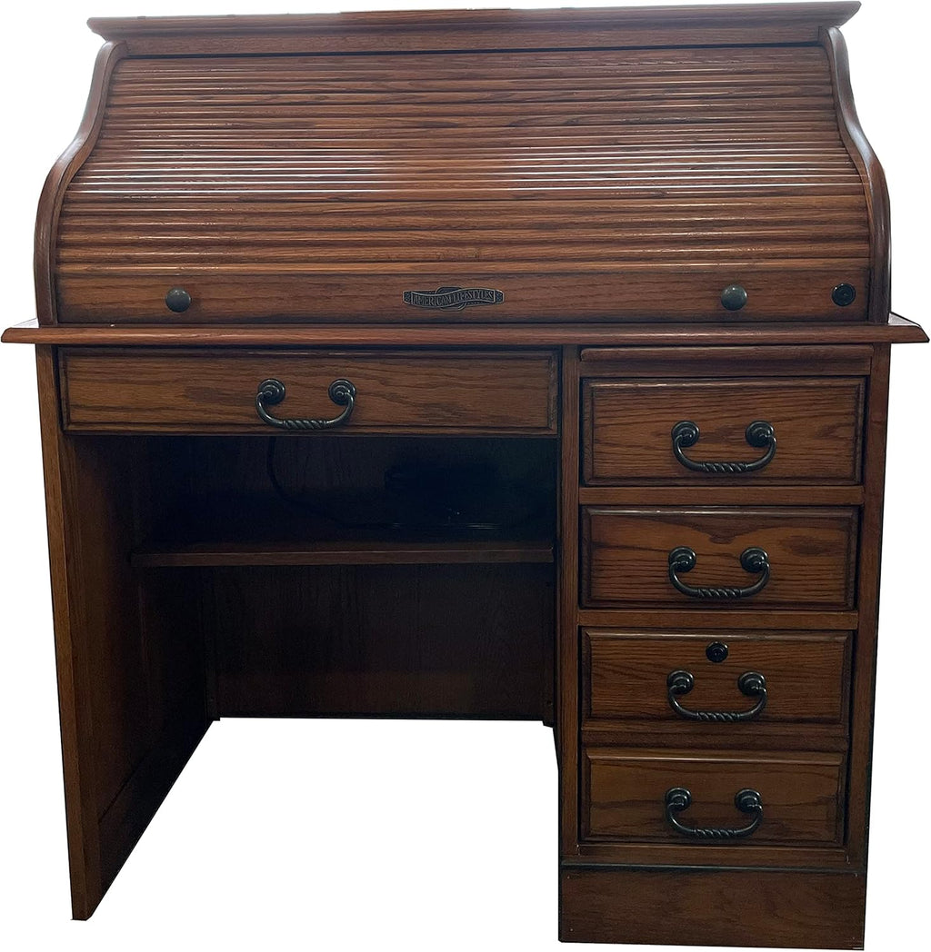 Solid Oak Wood Roll Top Desk with Locking File Drawers C1488