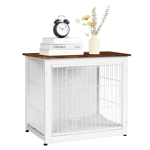 Dog Crate Furniture with Cushion, Wooden Kennel Table with Double Doors, Dark Gray H39636