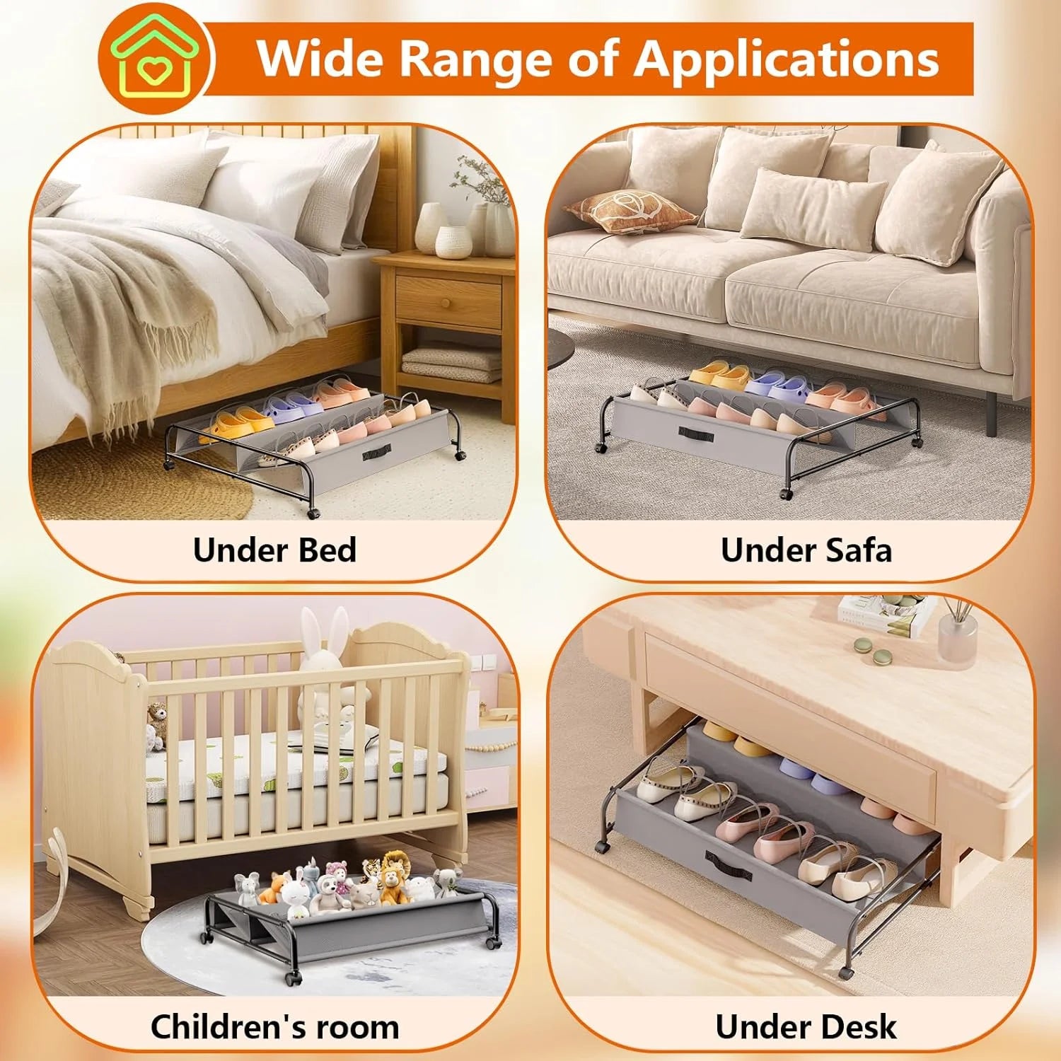 2 Pack Rolling Under Bed Shoe Storage with Breathable Mesh Pockets L30994