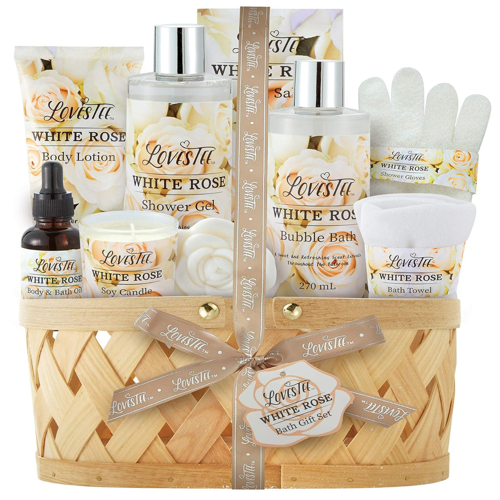 White Rose Set Body Lotion, Shower Gel, Bubble Bath, Bath Salt, Towel, Soap, Oil, Candle, Gloves I803