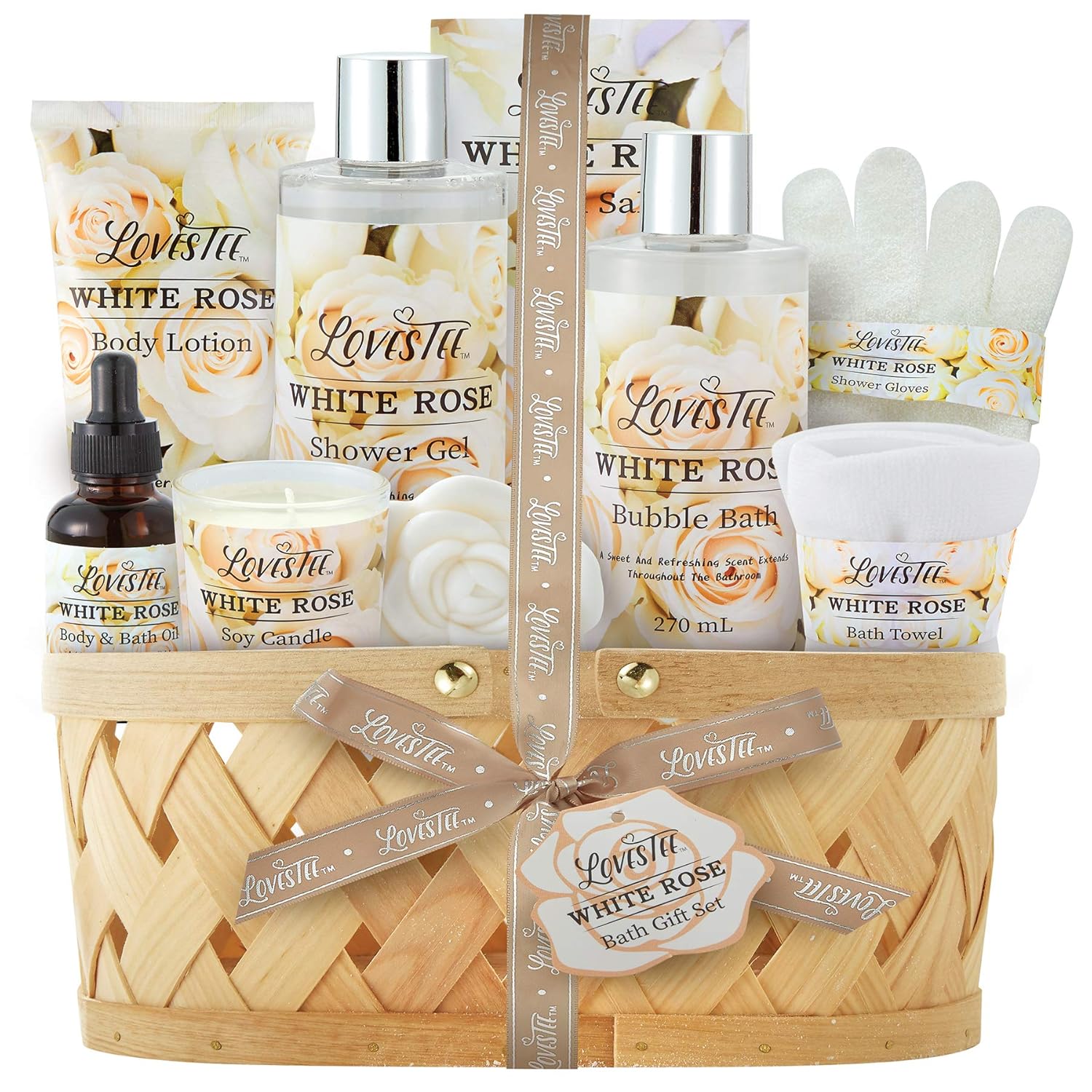 White Rose Set Body Lotion, Shower Gel, Bubble Bath, Bath Salt, Towel, Soap, Oil, Candle, Gloves I803