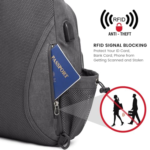 Canvas Sling Bag Crossbody Backpack with USB Charging Port (Dark Grey) E13567