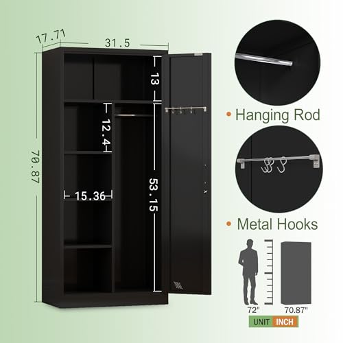 Black Metal Armoire Wardrobe with 2 Doors, 1 Adjustable Shelf, 2 Drawers, and Hanging Rod G14026