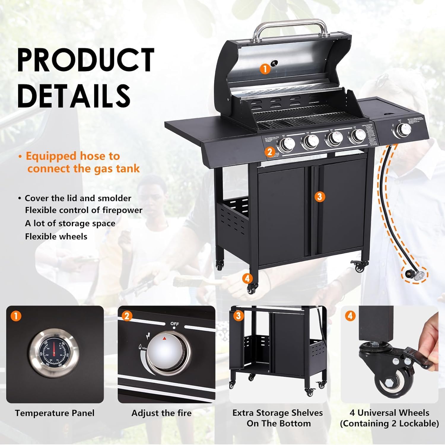 4-Burner Propane Gas BBQ Grill with Side Burner, Cast Iron 50,000 BTU Stainless Steel Grates P59496