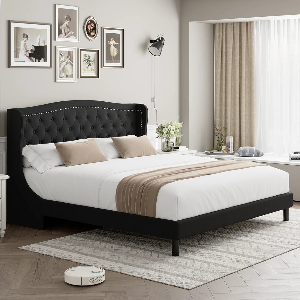Black Full Bed Frame with Wing-Back Button Tufted Upholstered Headboard and Wood Slat Support O735681