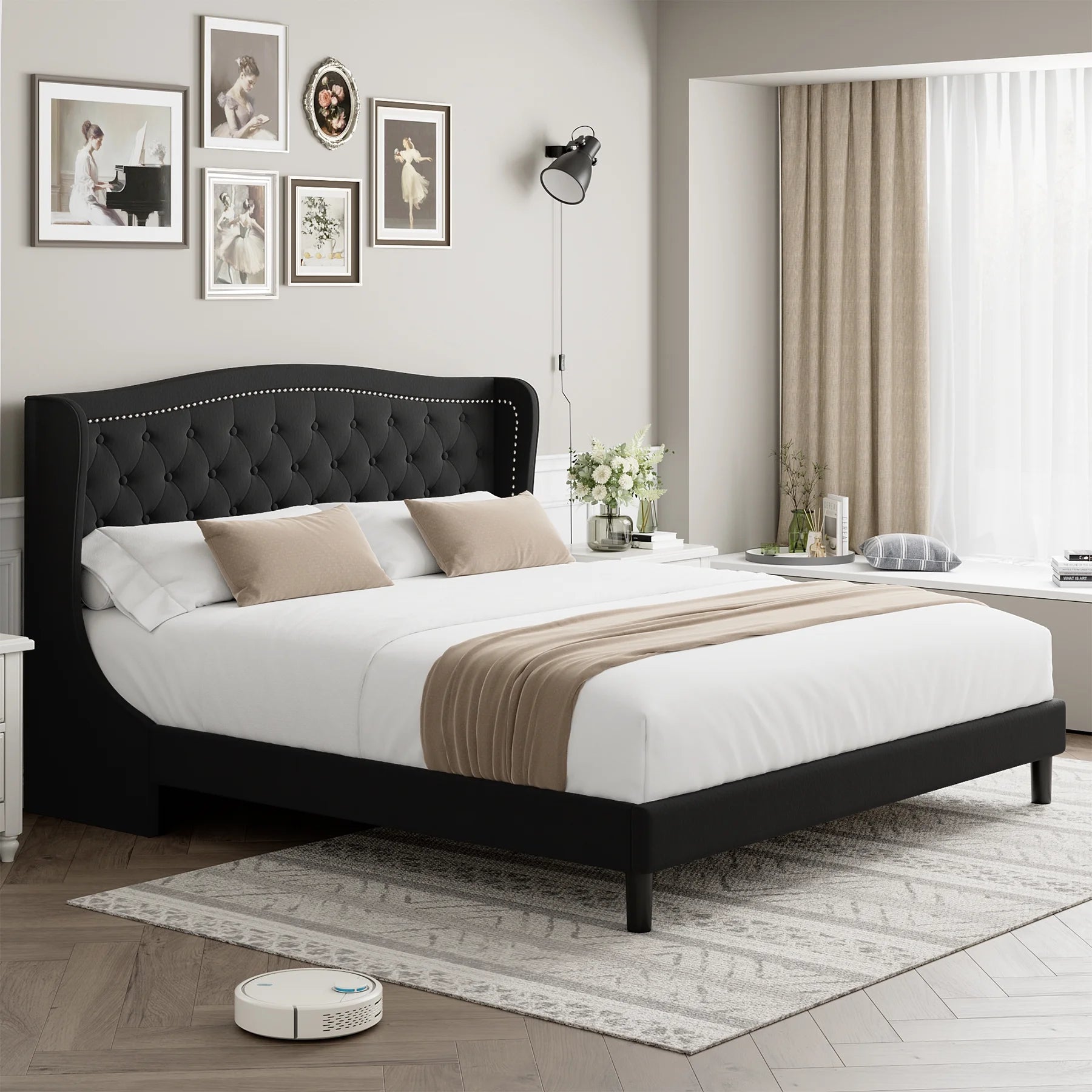 Black Full Bed Frame with Wing-Back Button Tufted Upholstered Headboard and Wood Slat Support O735681
