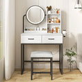 White Vanity Desk with Round Mirror and Lights and Hair Dryer Rack (Brown and Black, 15.75 * 31.5 * 53.6in) M372