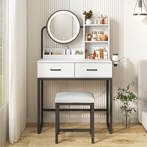 White Vanity Desk with Round Mirror and Lights and Hair Dryer Rack (Brown and Black, 15.75 * 31.5 * 53.6in) M372