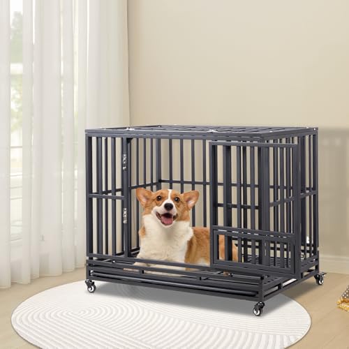 42" Large Metal Wire Dog Crate with Lockable Wheels, Double Door J74281