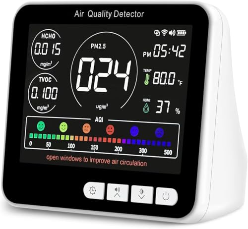 14 in 1 Air Quality Monitor Indoor with Beep Alarm, PM1.0|PM2.5|PM10|HCHO|TVOC|AQI|Temperature|Humidity|Time, Battery Powered Air Monitor I5107