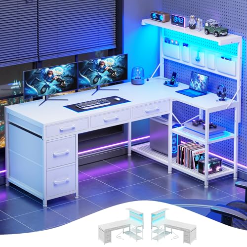 Black L Shaped Gaming Desk with 5 Drawers, Storage Shelves, LED Lights, Power Outlets and Storage Bag N67449