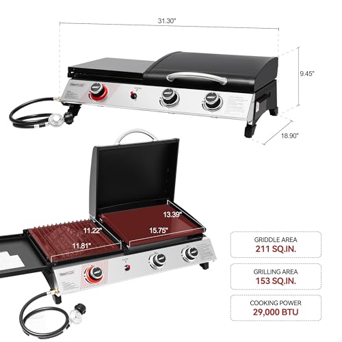 3 Burner Propane Gas Grill and Griddle Combo with Lid, Silver & Black J183