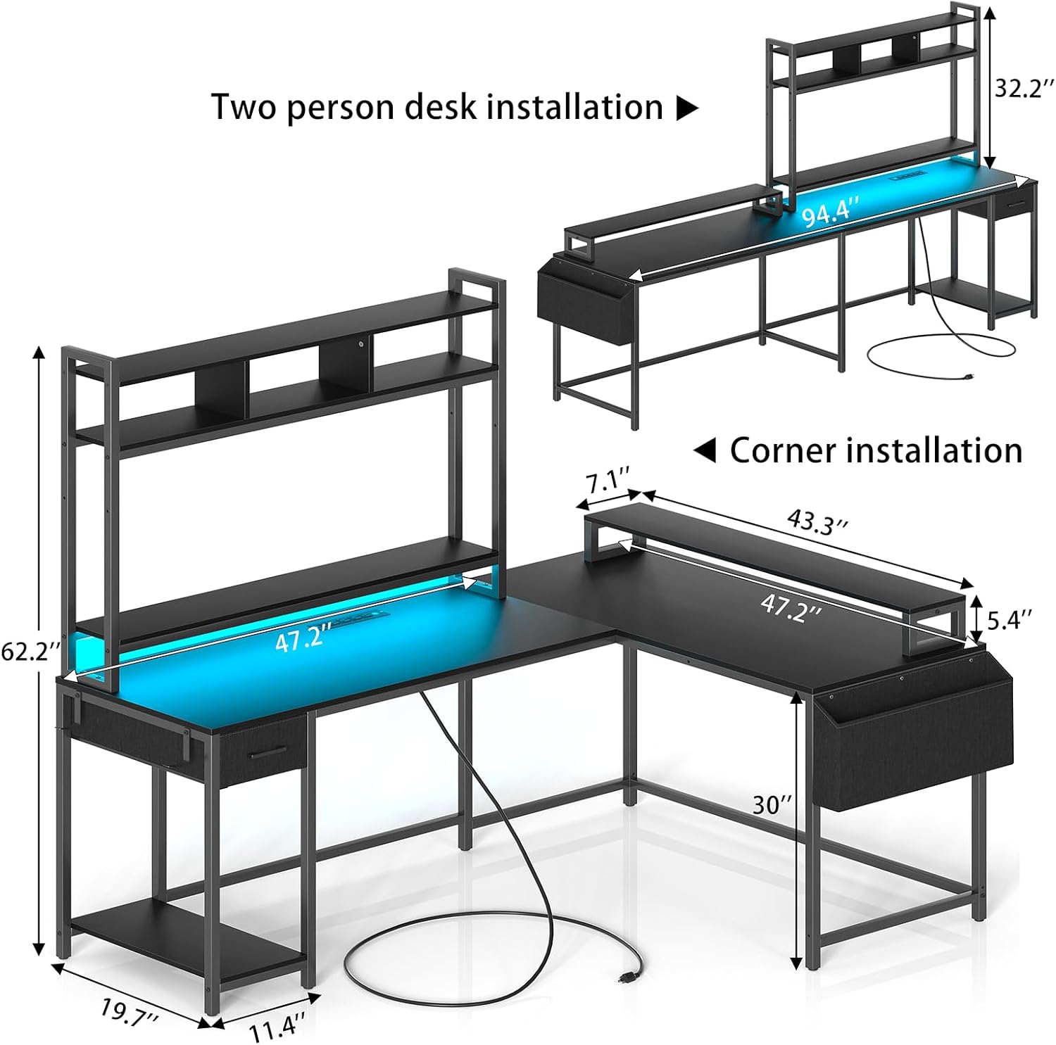 L Shaped Gaming Computer Desk with Monitor Shelf, Power Outlets & LED Lights A7639