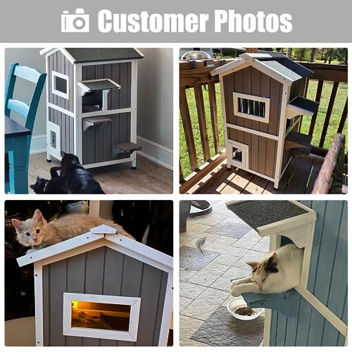 Outdoor Cat Shelter Weatherproof Two Story Wooden Cat House with Openable Roof Escape Door A940511