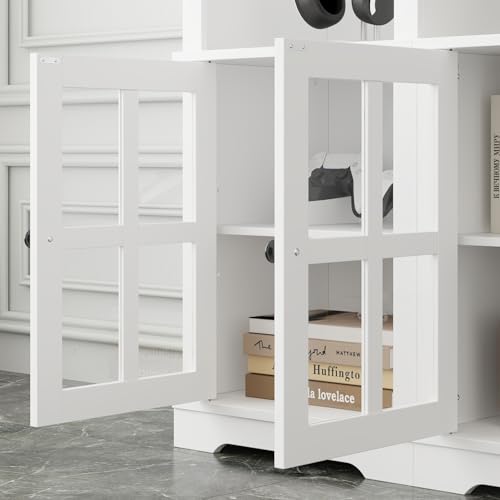 Grey 102" W Large Farmhouse TV Stand with Glass Doors T6774