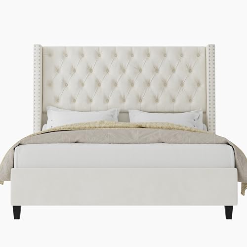 King Upholstered Bed Frame with Tall Headboard Wingback Platform Bed Tufted Deep Button Velvet Light Grey X1926