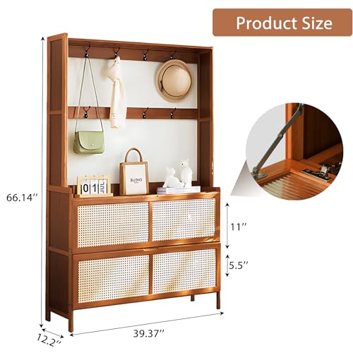 Bamboo Hall Tree with Shoe Storage, 14 Shoe Cubbies, 8 Coat Hooks, Rustic Brown S36359