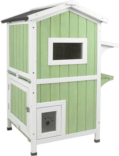 Outdoor Cat Shelter Weatherproof Two Story Wooden Cat House with Openable Roof Escape Door A940511