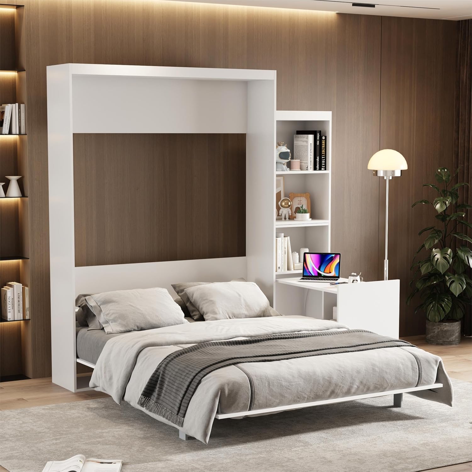 White Queen Size Vertical Murphy Bed with Desk and Drawers J502