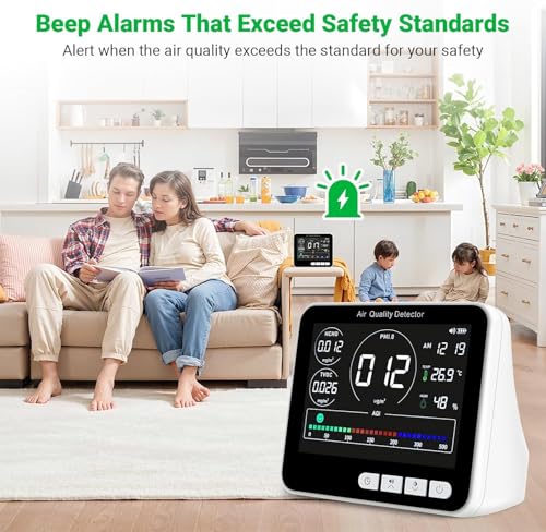 14 in 1 Air Quality Monitor Indoor with Beep Alarm, PM1.0|PM2.5|PM10|HCHO|TVOC|AQI|Temperature|Humidity|Time, Battery Powered Air Monitor I5107