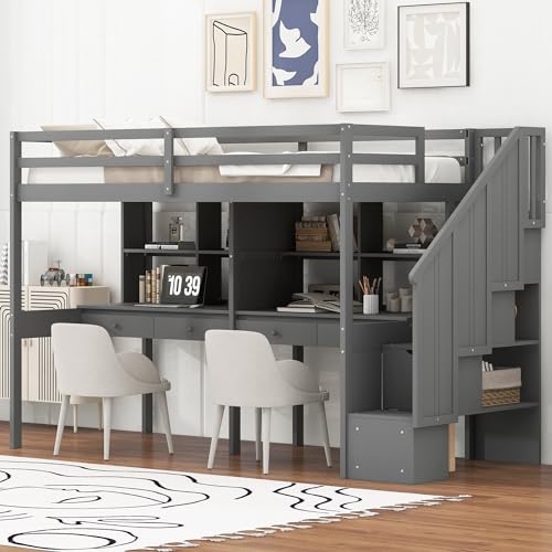 Gray Full Size Wood Loft Bed with Desk, Wardrobe and Three Storage Drawers K396673