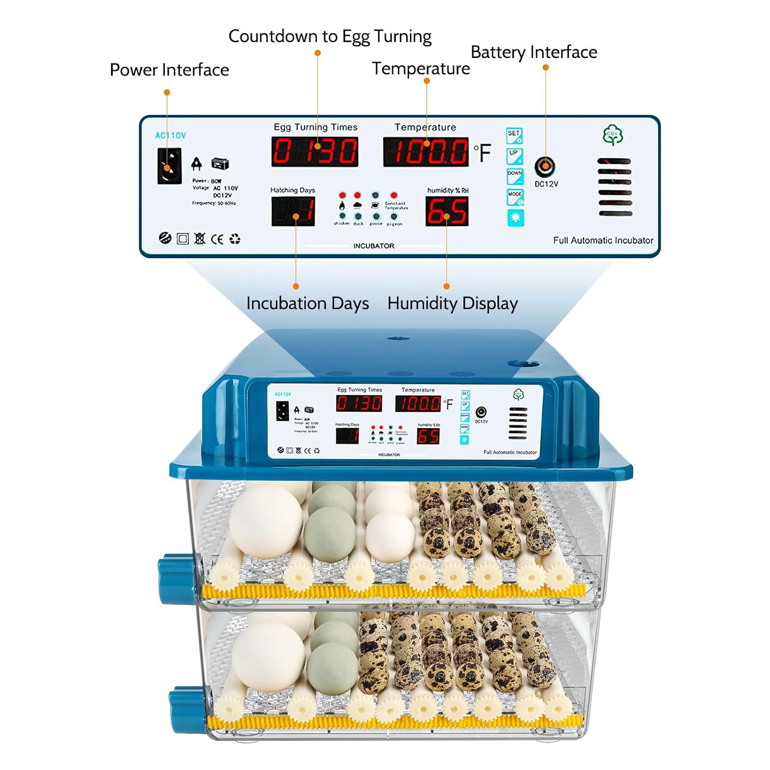 120 Egg Incubator Automatic Temperature Control Humidity Monitoring F352