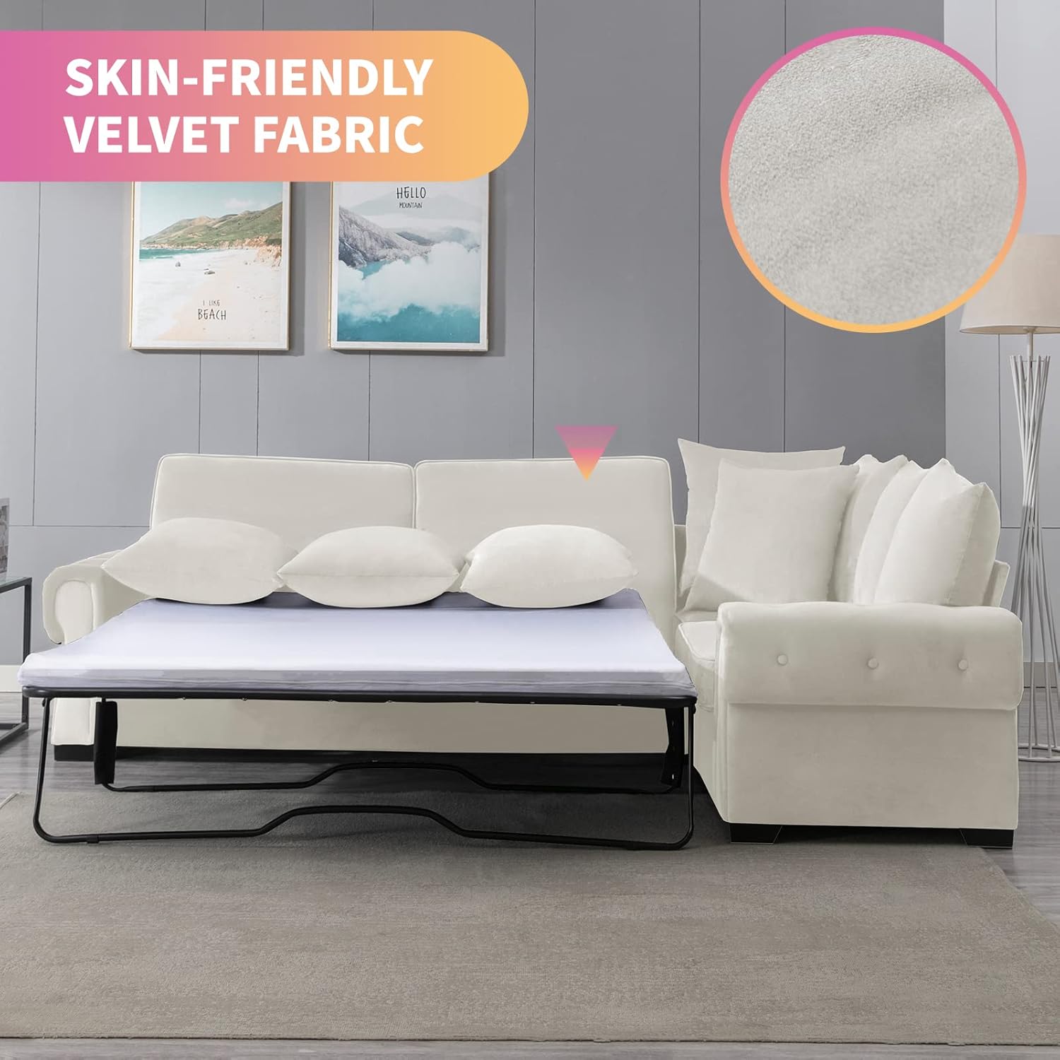 Beige Pull Out Sofa Bed with Folding Foam Mattress D909775