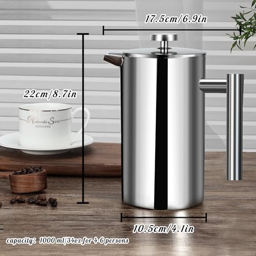 34 Ounce Stainless Steel French Press Coffee Maker with 3 Filter Z8437