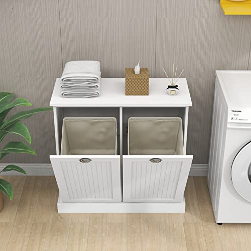 White Double Tilt Out Trash Cabinet Laundry Sorter Cabinet Z4720