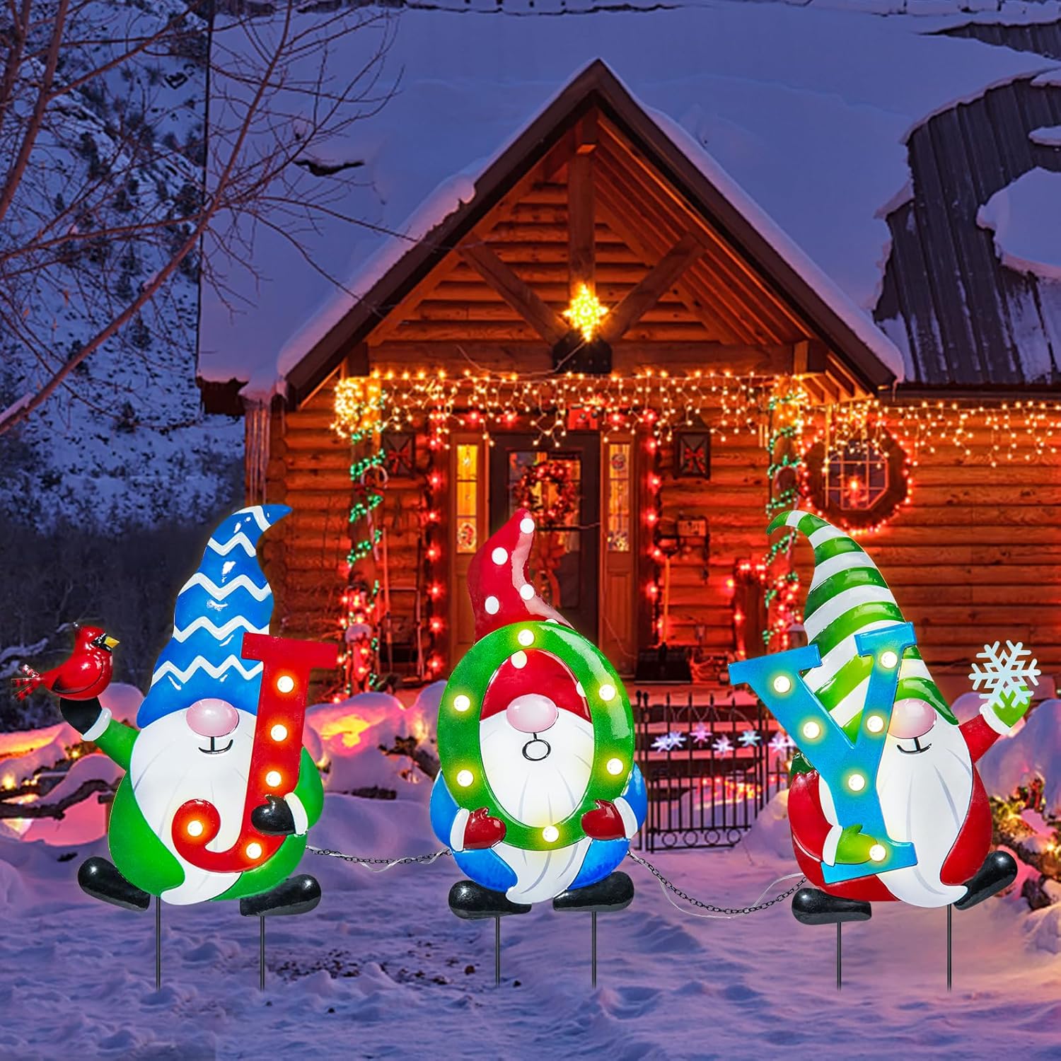 3 PCS Metal Christmas Yard Stakes with Led Light W7594