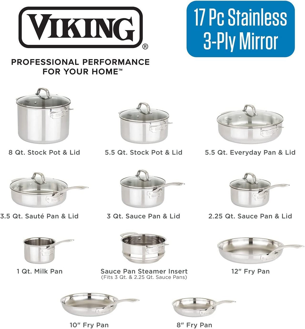 17pc Stainless Steel Cookware Set with Glass Lids V610