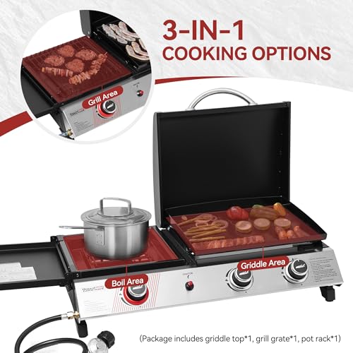 3 Burner Propane Gas Grill and Griddle Combo with Lid, Silver & Black J183