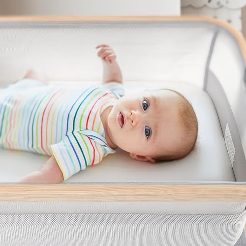 Grey Bedside Crib Bassinet with Travel Bag and Removable Compressed Cotton Mattress M3155