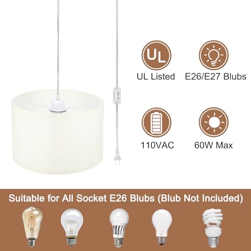 15Ft Rope Cord Hanging Lamp Fixture with On/Off Switch, White C4936