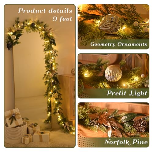 6Ft Prelit Christmas Garland with Pine Cone, Bow Ornaments (Green Gold) D810998