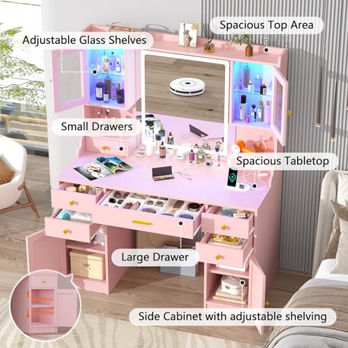 White Makeup Vanity Desk with Mirror and Lights, Large Vanity Table Set with Charging Station, Dressing Table with RGB Cabinets, 3 LED Lights Modes M39437