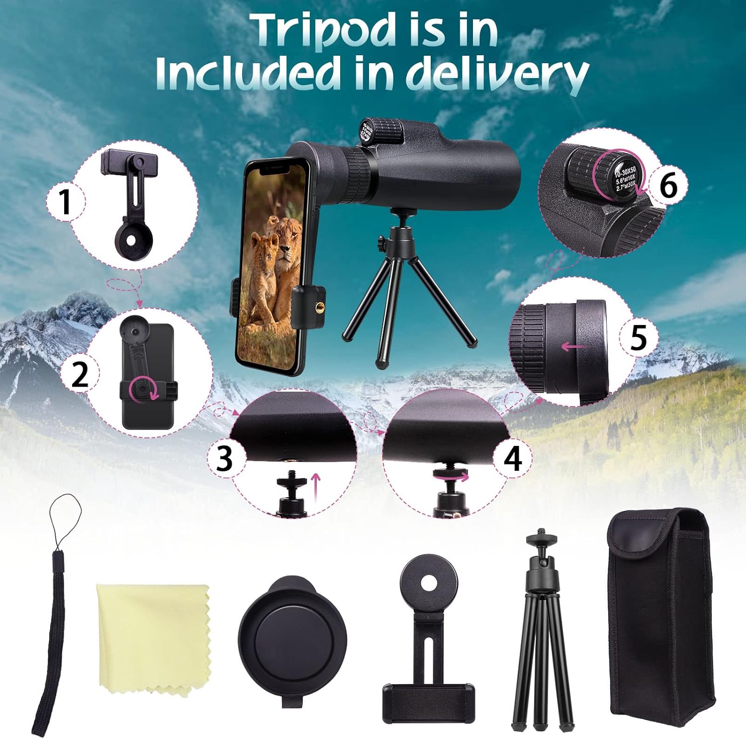 30x50 HD Waterproof Monocular with Smartphone Adapter Tripod BAK4 Prism FMC X526144