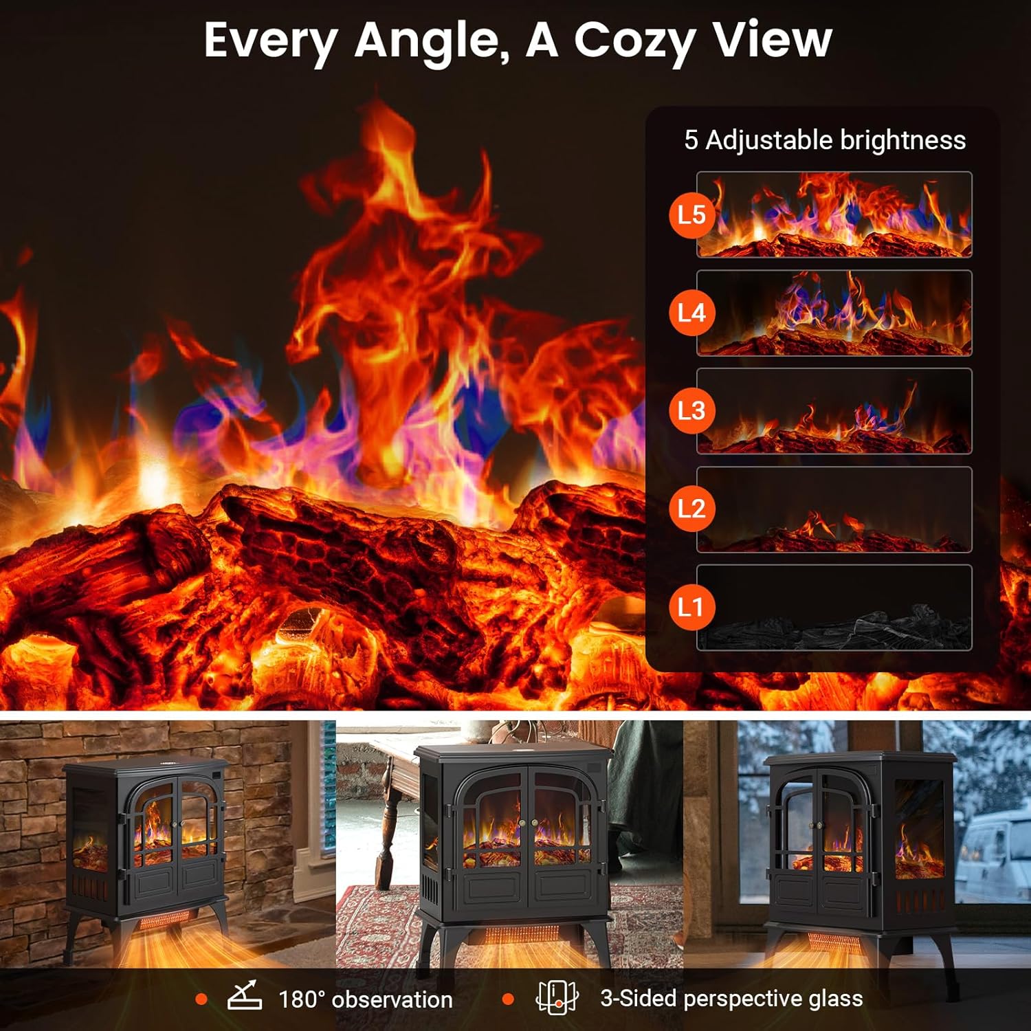 24'' Electric Fireplace Heater with Remote Control, 3D Realistic Flame, 750/1500W M172899