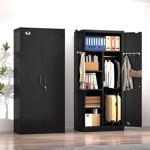 Black Metal Armoire Wardrobe with 2 Doors, 1 Adjustable Shelf, 2 Drawers, and Hanging Rod G14026