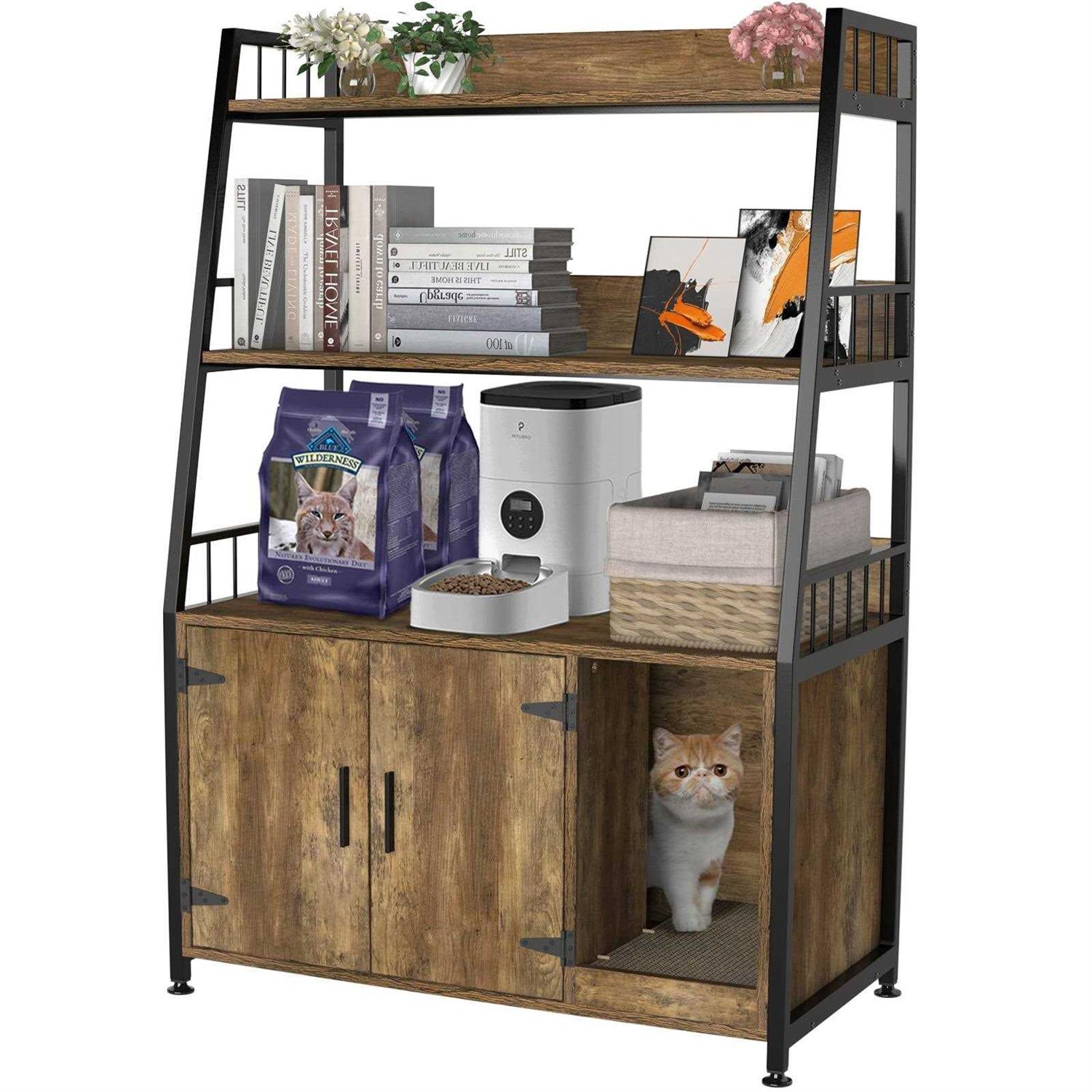 Large Hidden Cat Litter Box Enclosure Furniture with Shelf Wood W187161