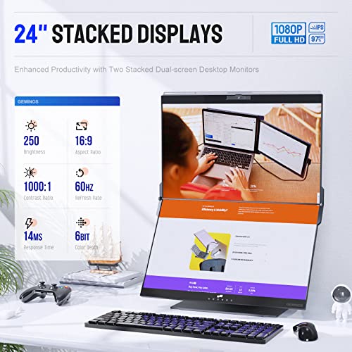 Dual 24" FHD Stacked Desktop Monitors with 1080P Webcam & Speakers, 100W USB-C Charging H1602