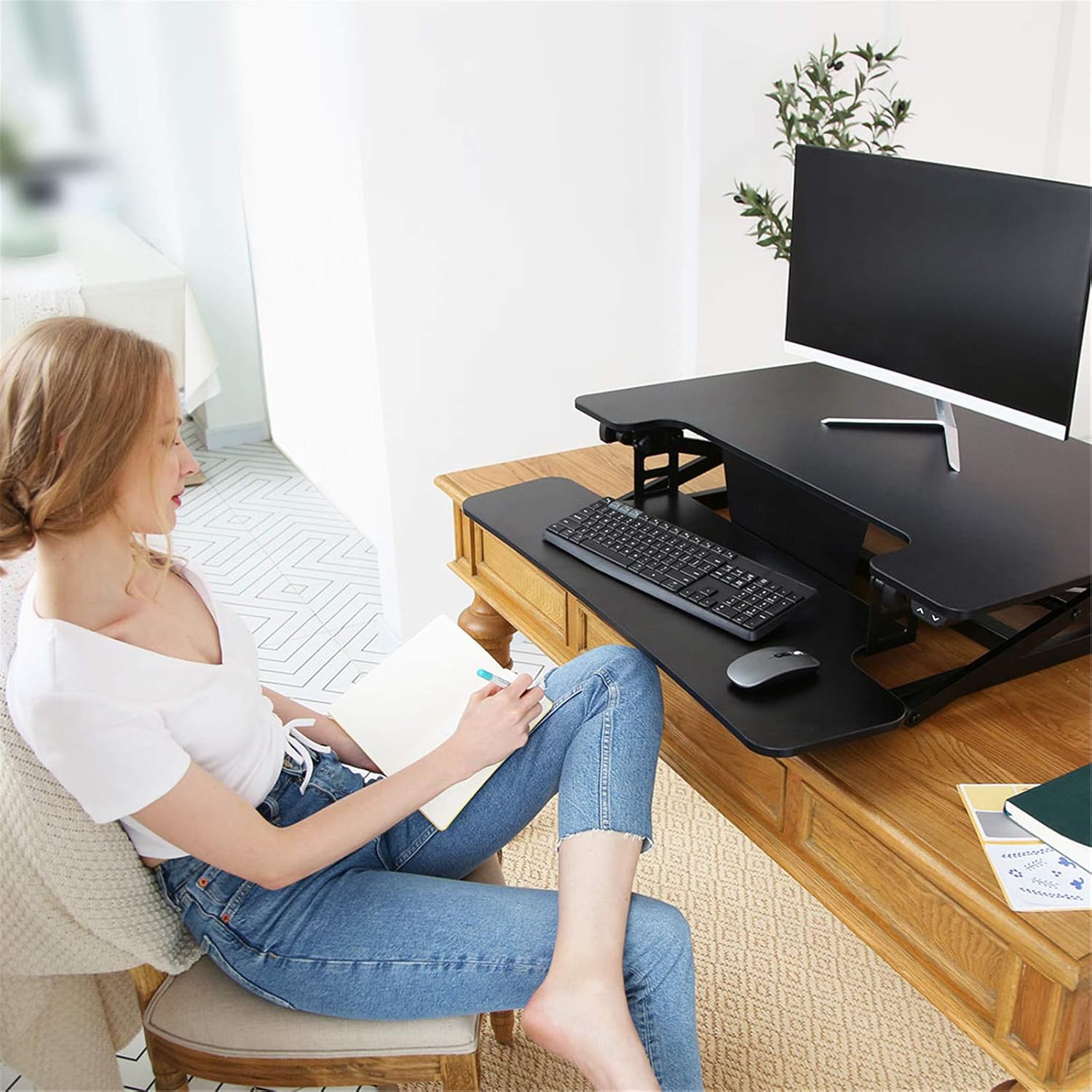 35" Wide Electric Standing Desk Converter with Keyboard Tray X19106