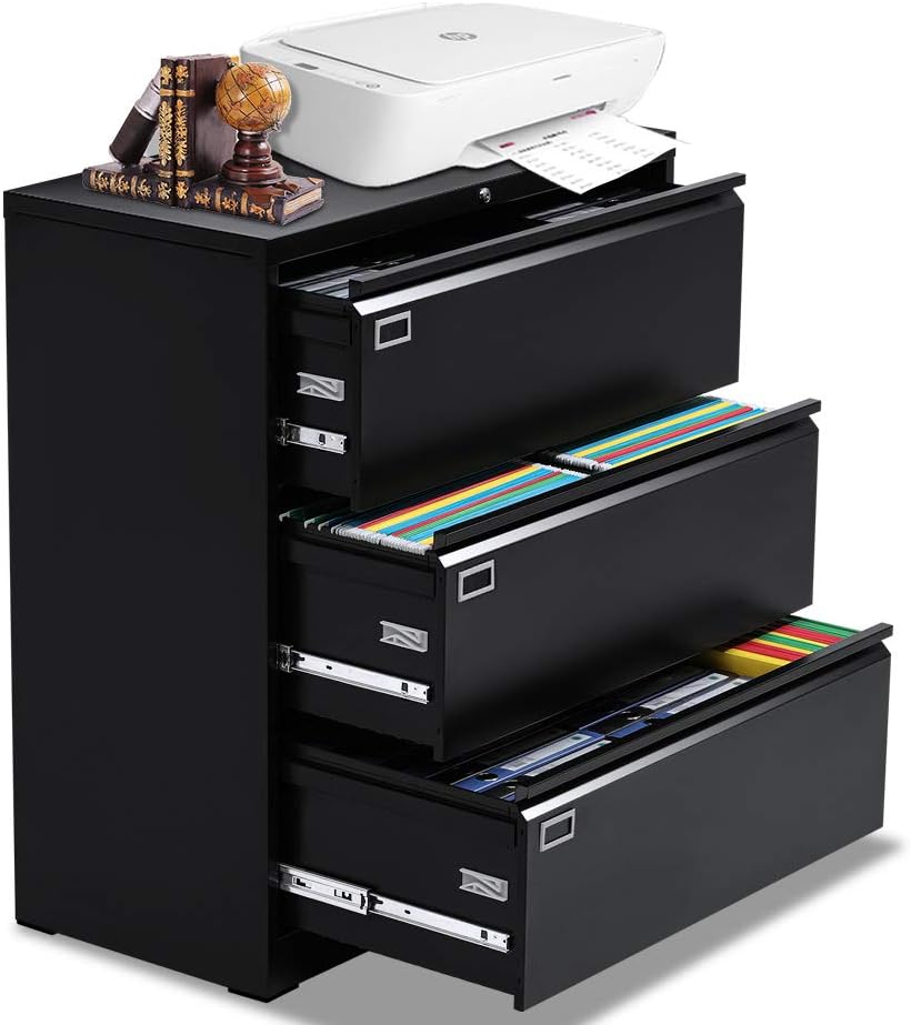 Black 3 Drawer Locking Metal Lateral File Cabinet B36372